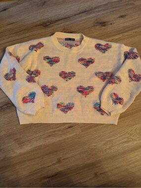 SHEIN Cream Crewneck Sweater with Multicolor Heart Motifs